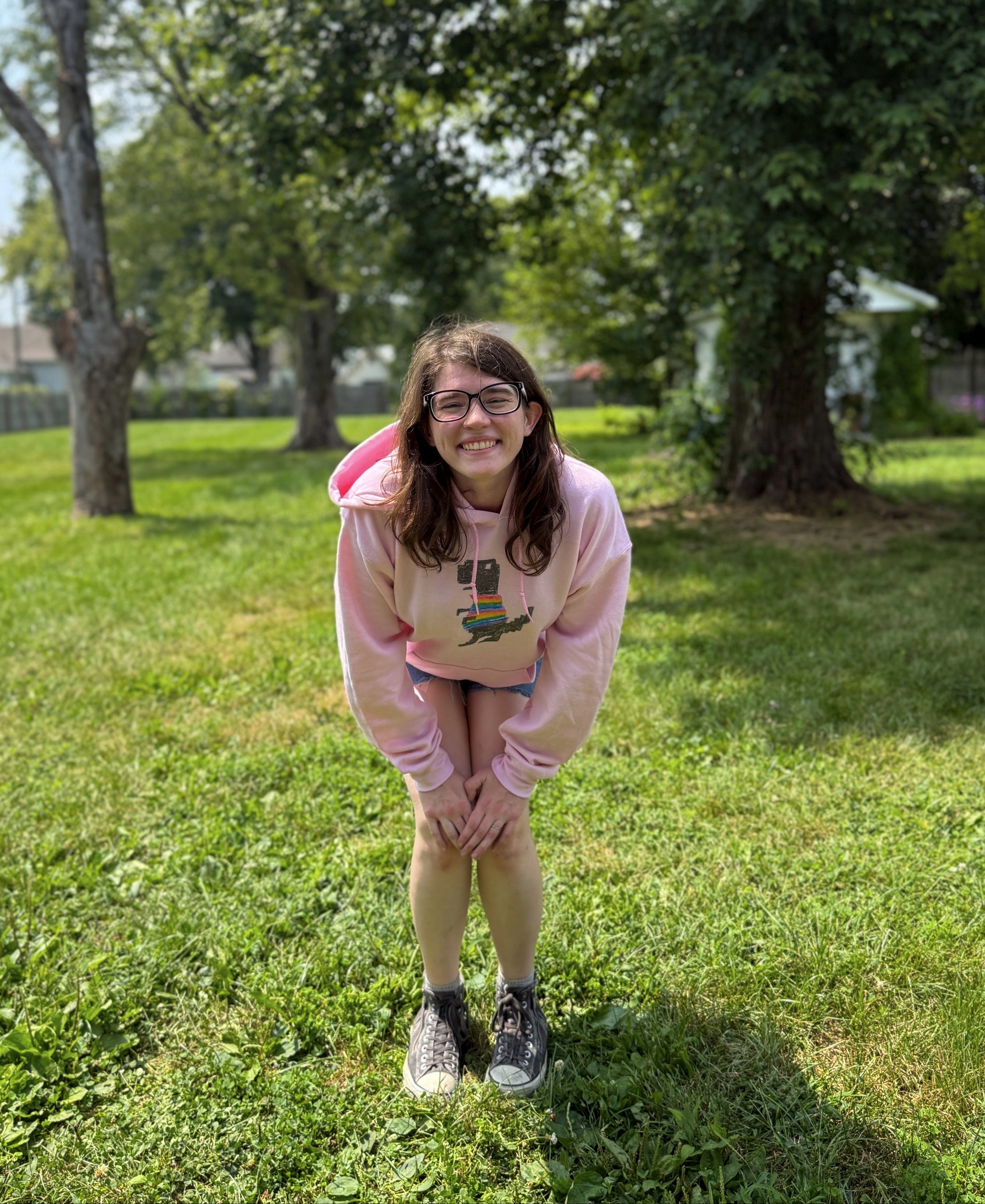 Pixel T-Rex Hoodie | Dinosaur with Rainbow Sweater, Binary Code Back "Hi"
