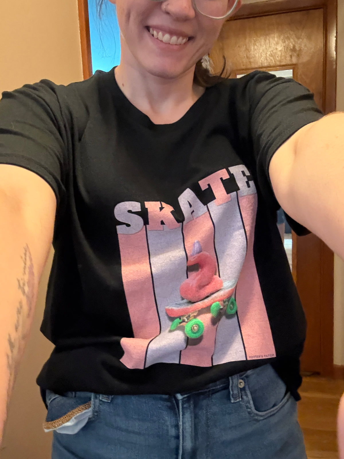 Skate Snake with Party Hat Pink Graphic Tee — Retro Stripes Skateboard Design