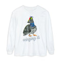 White long sleeve tee with a whimsical hand-illustrated pigeon wearing a colorful pinwheel hat, with the text "winging it" printed below in a retro script font. 