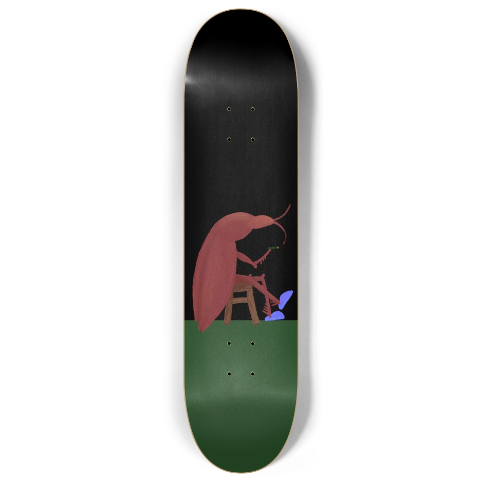 Hand-illustrated skateboard deck with a black and dark green colorblock design, featuring a cartoon cockroach sitting hunched on a wooden stool, smoking, with blue slippers on its feet.