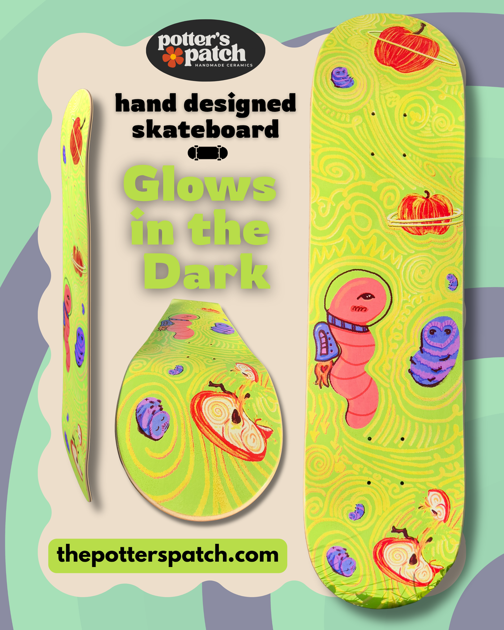 Astroworm Glow in the Dark Skateboard Deck – Hand-Illustrated Space Critters 8" x 32"
