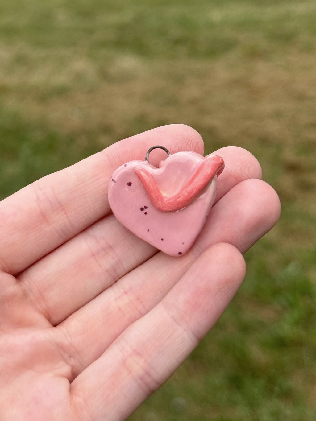 Worm on a Heart Ceramic Pendant – Handmade 1" Necklace or Keychain